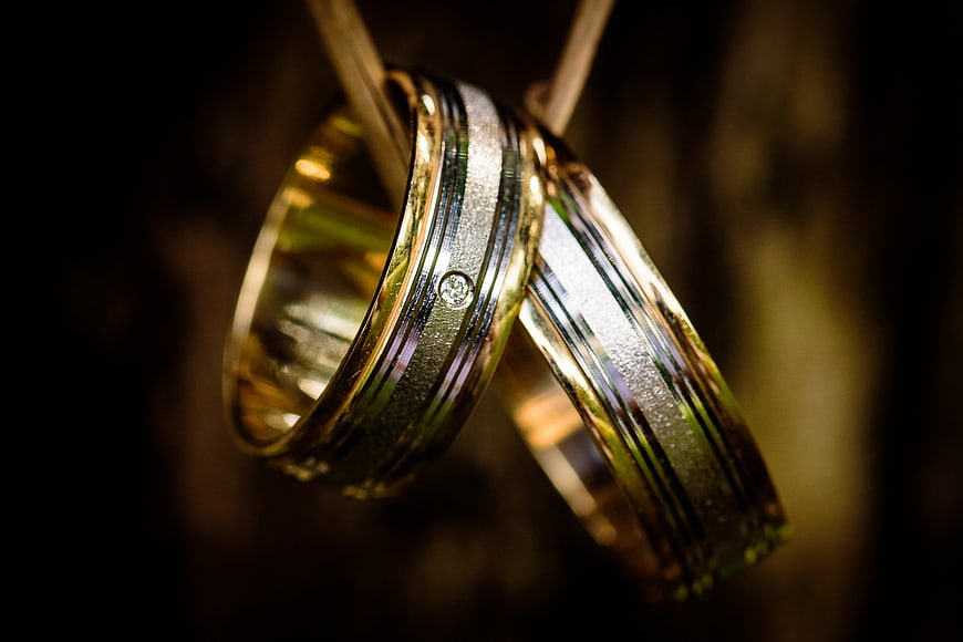 Two wedding rings hanging on a branch in nature