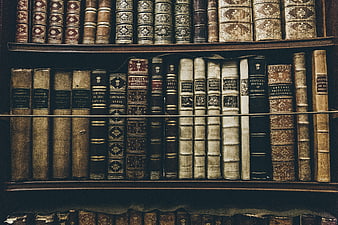 Vintage leather-bound books on antique library shelves