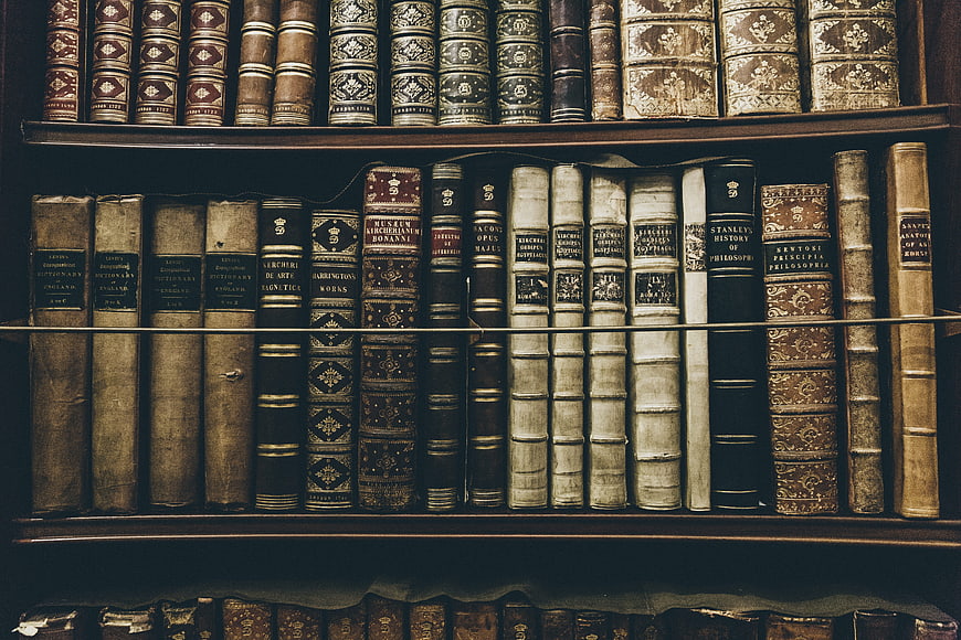 Vintage leather-bound books on antique library shelves