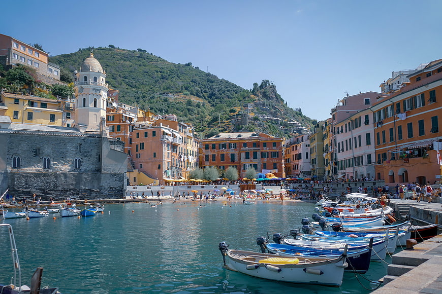Colorful Italian Harbor Town With Boats And Church