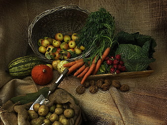 Rustic Harvest Still Life With Vegetables, Fruits, And Farm Tools