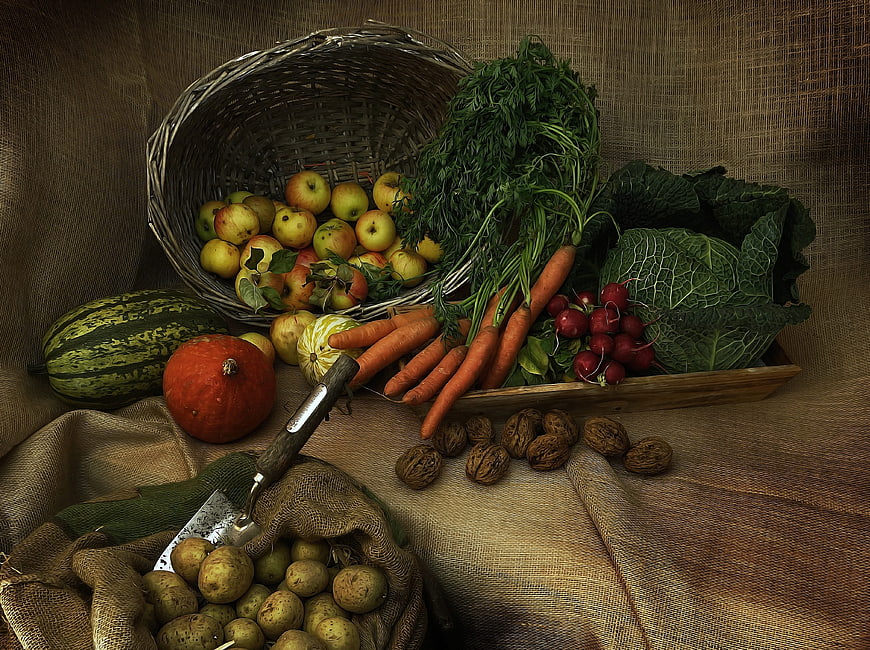 Rustic Harvest Still Life With Vegetables, Fruits, And Farm Tools
