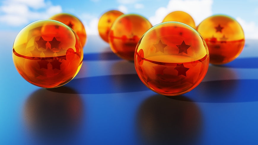 3D Dragon Balls on Blue Surface with Sky Background