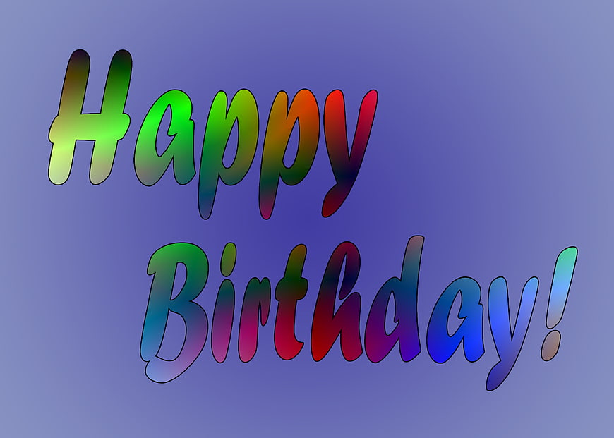 Happy Birthday Text with Rainbow Gradient on Purple Background