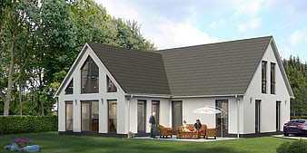 Modern White Villa with Dark Roof and Garden