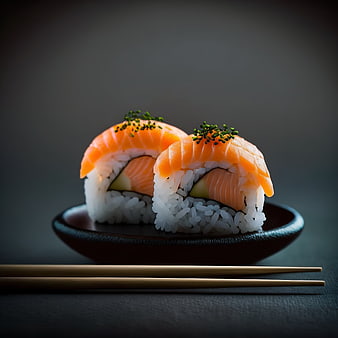 Salmon Sushi Rolls on Dark Plate with Chopsticks