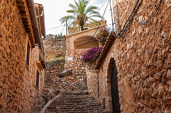 Narrow stone alleyway with stairs and bougainvillea flowers
