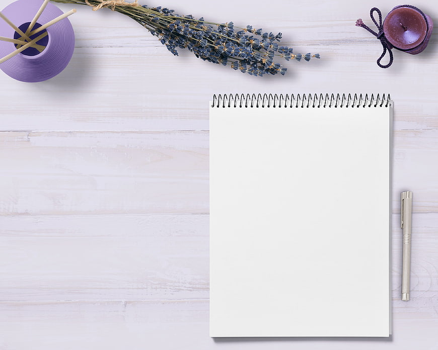 Purple Lavender Flat Lay with Blank Notepad and Copyspace