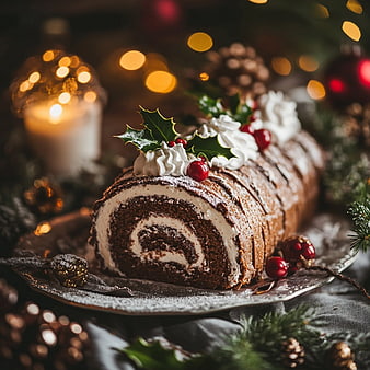 Festive Chocolate Yule Log Cake with Whipped Cream