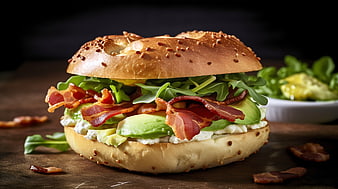 Close-up of Avocado Bacon Bagel Sandwich on Wooden Table