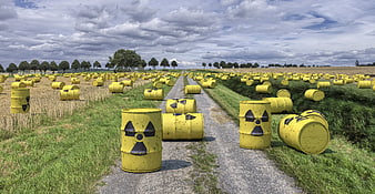 Yellow radioactive waste barrels in a rural field