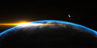Earth Sunrise from Space with Crescent Moon