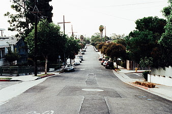 Quiet Residential Street with Parked Cars and Trees
