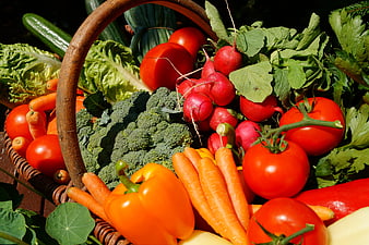Fresh organic vegetables in a wicker basket