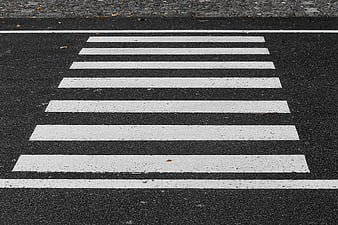 High Angle View of White Zebra Crosswalk on Black Asphalt Road