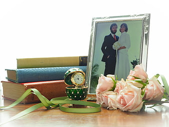 Vintage Wedding Still Life with Roses, Books, and Clock