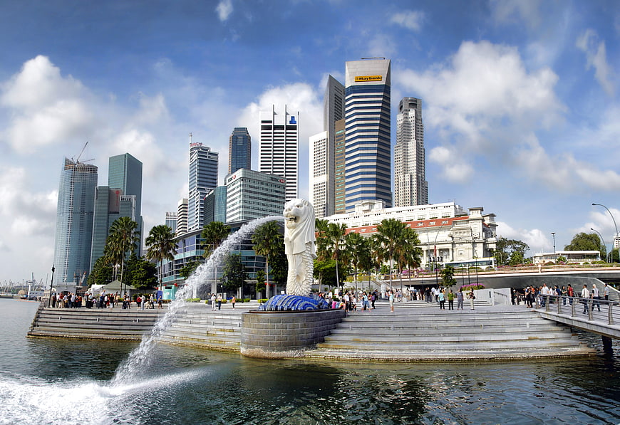 Merlion Park Singapore Skyline with Water Fountain