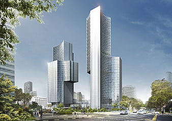 Modern Skyscrapers with Honeycomb Facade in Urban Cityscape