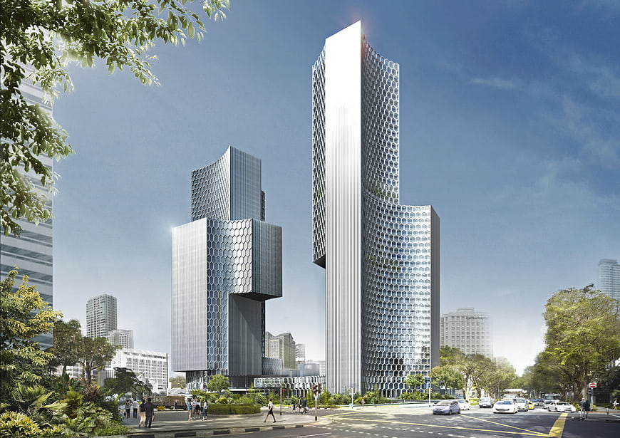 Modern Skyscrapers with Honeycomb Facade in Urban Cityscape