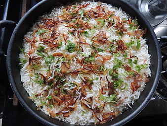 Top View of Biryani Rice with Fried Onions in Pan