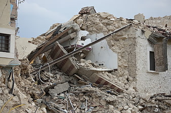 Collapsed building rubble after earthquake disaster