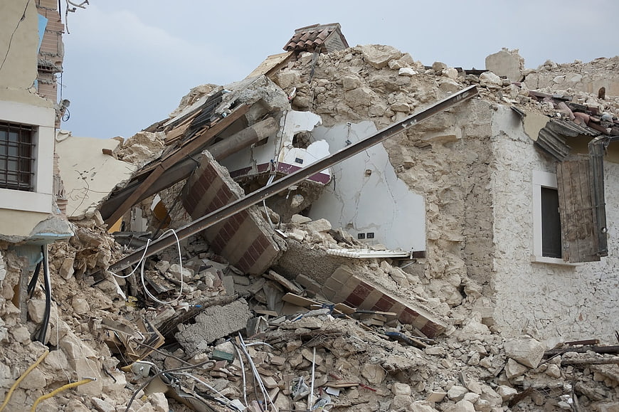 Collapsed building rubble after earthquake disaster