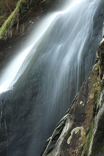Long Exposure Waterfall Cascading Over Dark Rocks