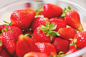 Fresh Red Strawberries in a Glass Bowl