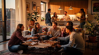 Friends Eating Pizza and Laughing in Modern Apartment Living Room