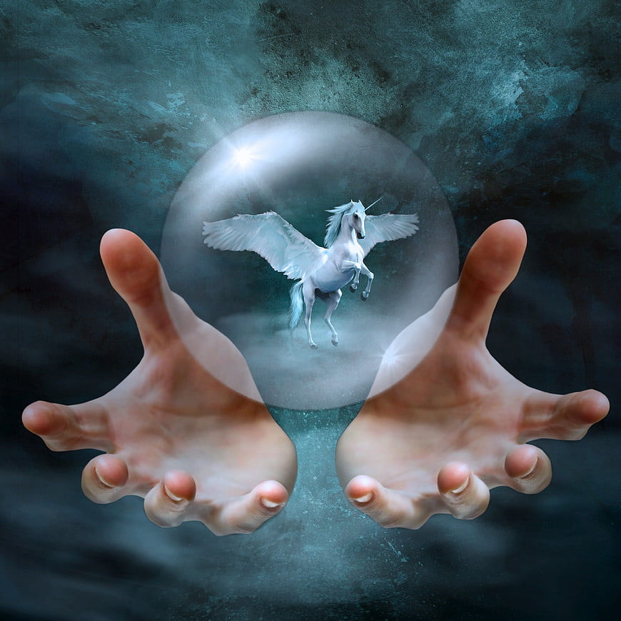 Magical Pegasus in Crystal Ball Held by Hands