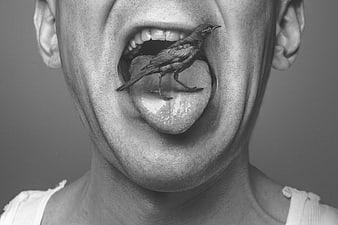 Close-up portrait of man with bird on tongue