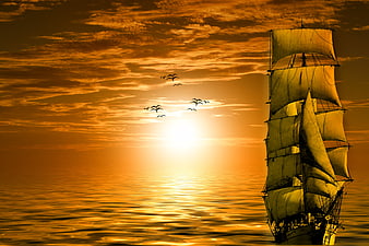 Tall sailing ship silhouette against golden sunset ocean horizon with seagulls