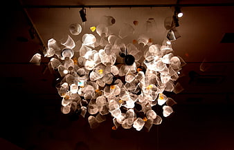 Modern Chandelier with White Mesh Shells and Warm Lighting