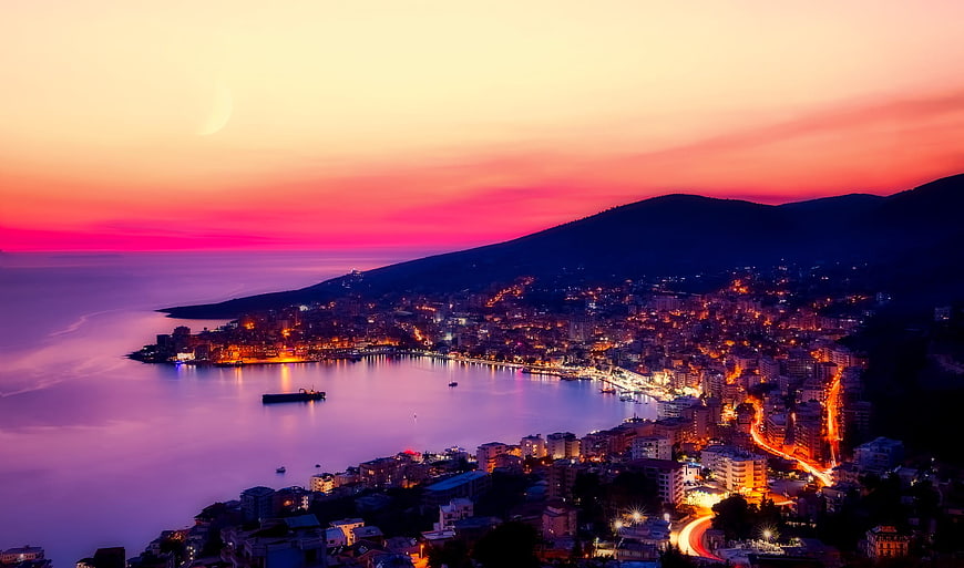 Saranda, Albania Coastal City Panorama at Vibrant Sunset