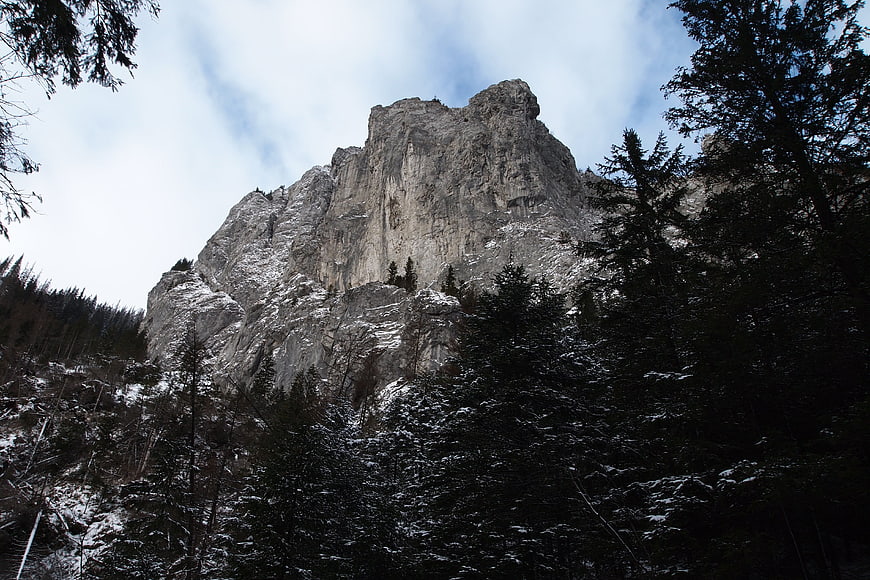 Snowy Mountain Peak Rising Above Dark Winter Forest