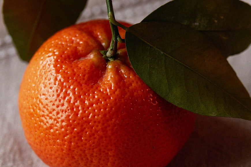 Close-up of Fresh Orange with Green Leaves