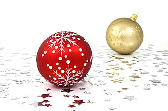 Red and Gold Christmas Baubles with Star Confetti on White