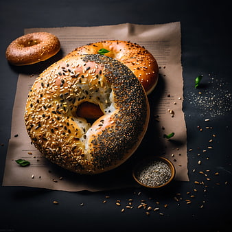 Artisanal Bagels with Seeds on Dark Background