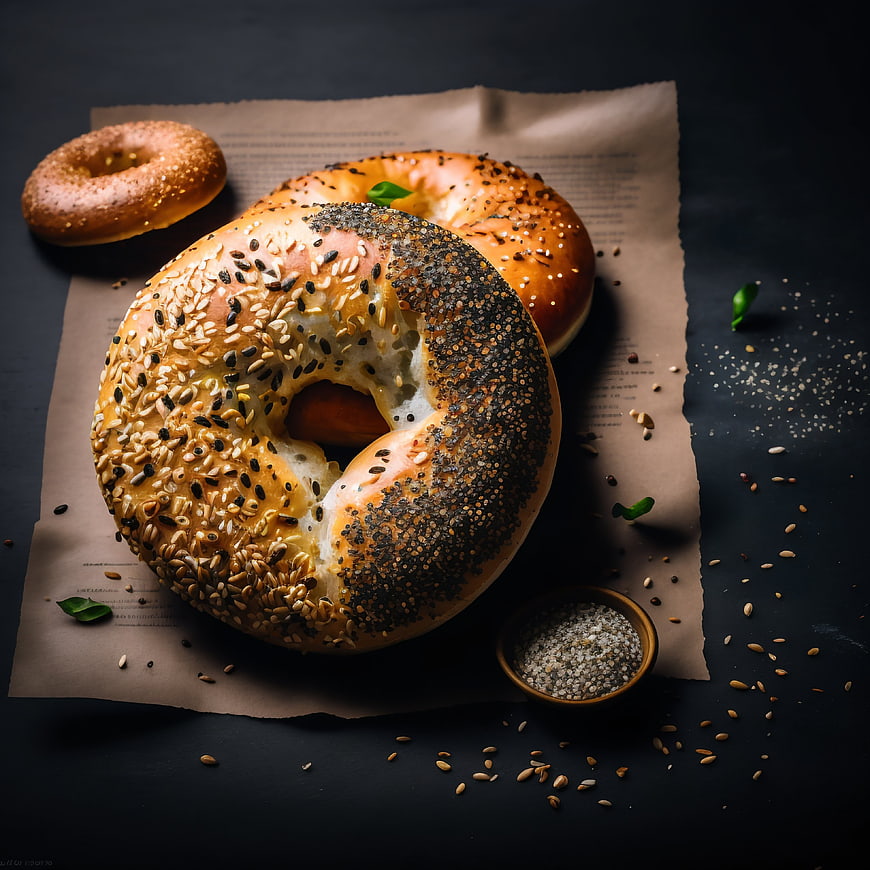 Artisanal Bagels with Seeds on Dark Background