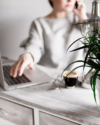 Woman working on laptop with coffee and plant on desk