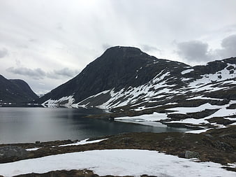 Snowy Mountain Landscape with Lake in Norway