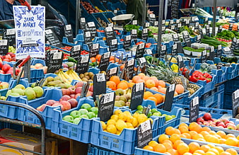 Colorful fruit and vegetable stand at a Dutch outdoor market