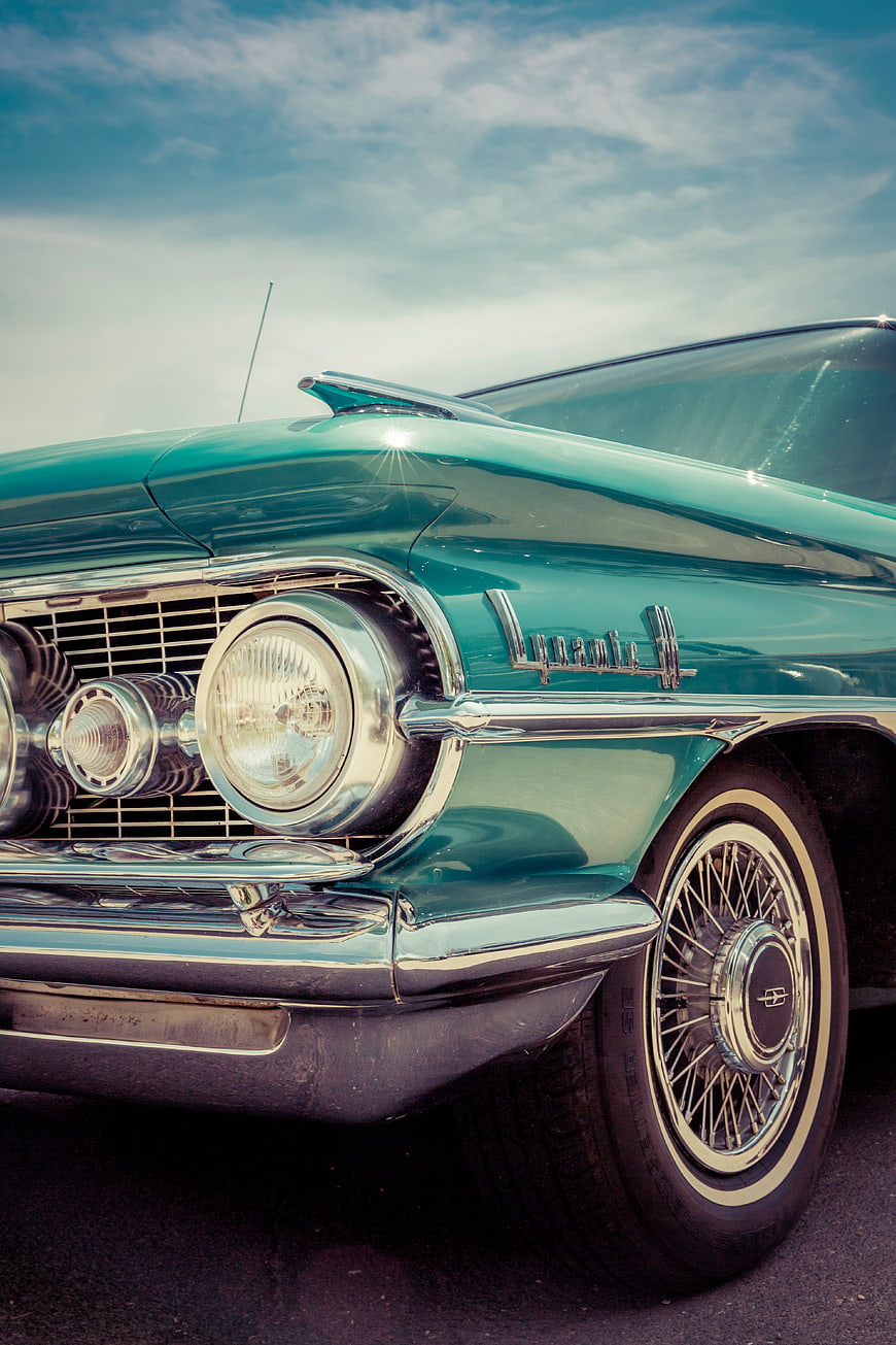 Close-up of Vintage Teal Lincoln Car Front Detail