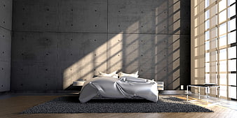 Modern minimalist bedroom with concrete walls and sunlight