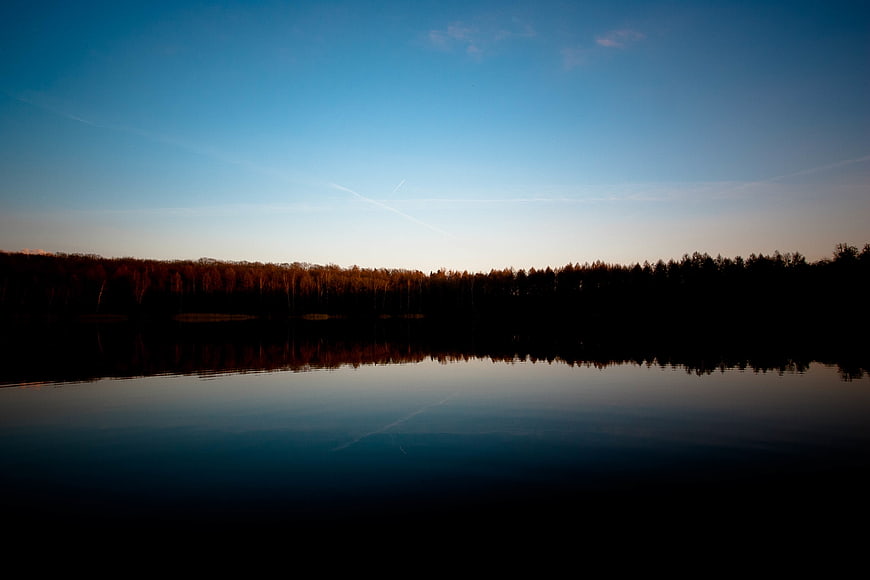 Serene Lake Reflection at Dusk with Forest Silhouette