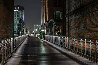 Night view of wooden bridge in Hamburg Speicherstadt