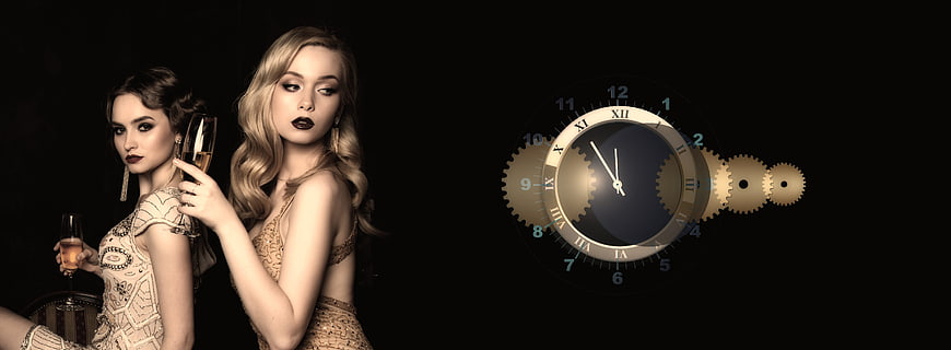 Two women with champagne and a clock on a black background