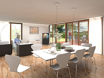 Modern 3D Architectural Visualization of Dining and Living Room