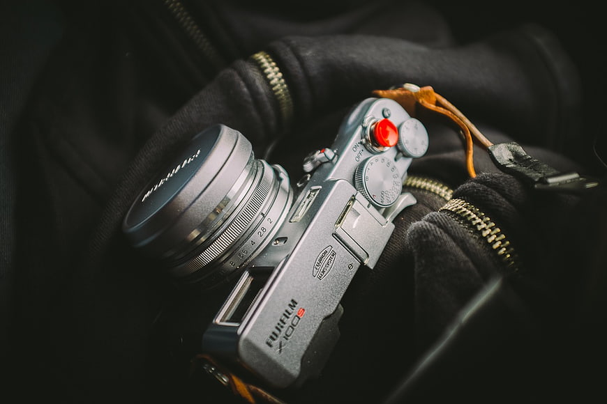 Silver Fujifilm X100S Camera in Black Bag