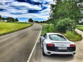 White Audi R8 Sports Car Parked on Curved Country Road